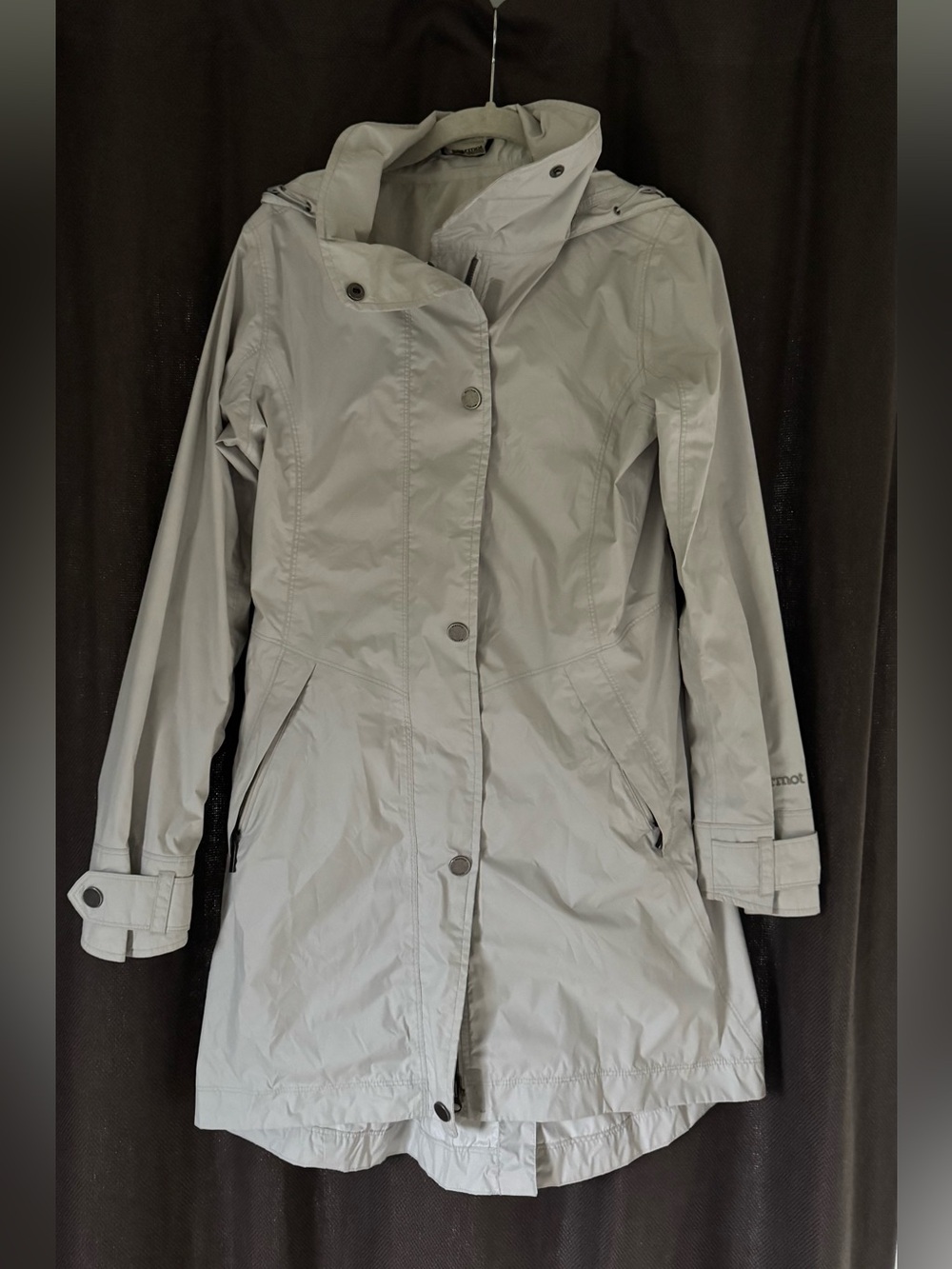 Marmot Light Gray Hooded Trench Coat, size Small